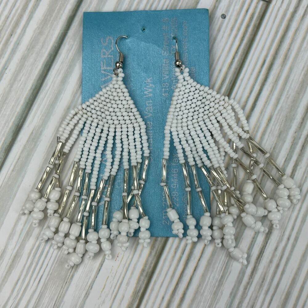 Earrings Boho Western Handmade White Silver Seed Bead Beaded Fringe Tassel
